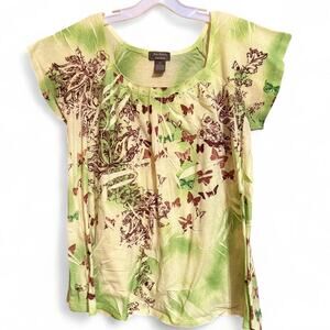 Jane Ashley Butterfly Floral Tee Green Yellow Size XL
